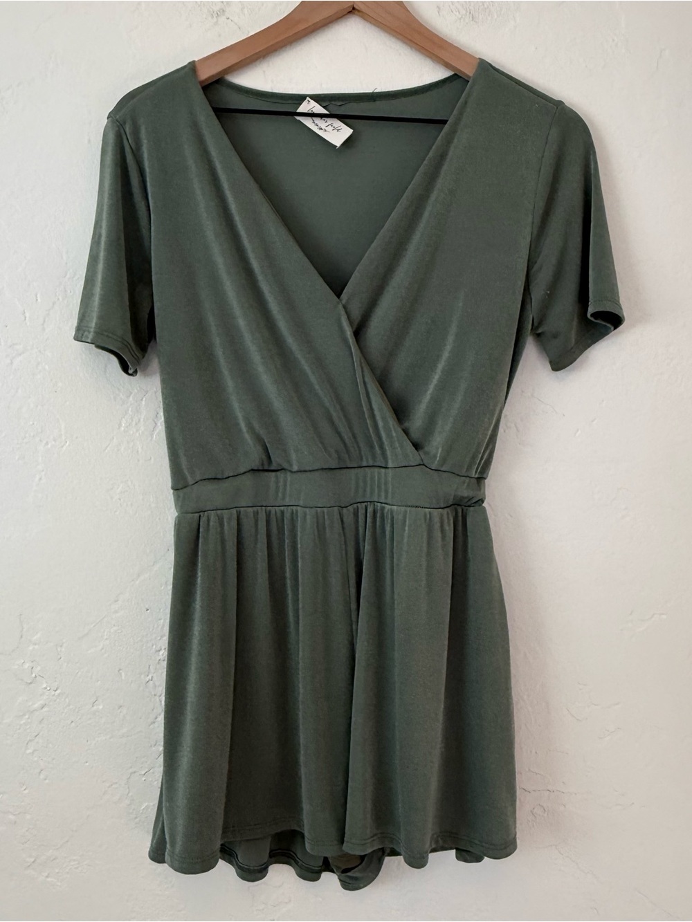 Lavender Fields lightweight flowy olive green short sleeve wrap romper